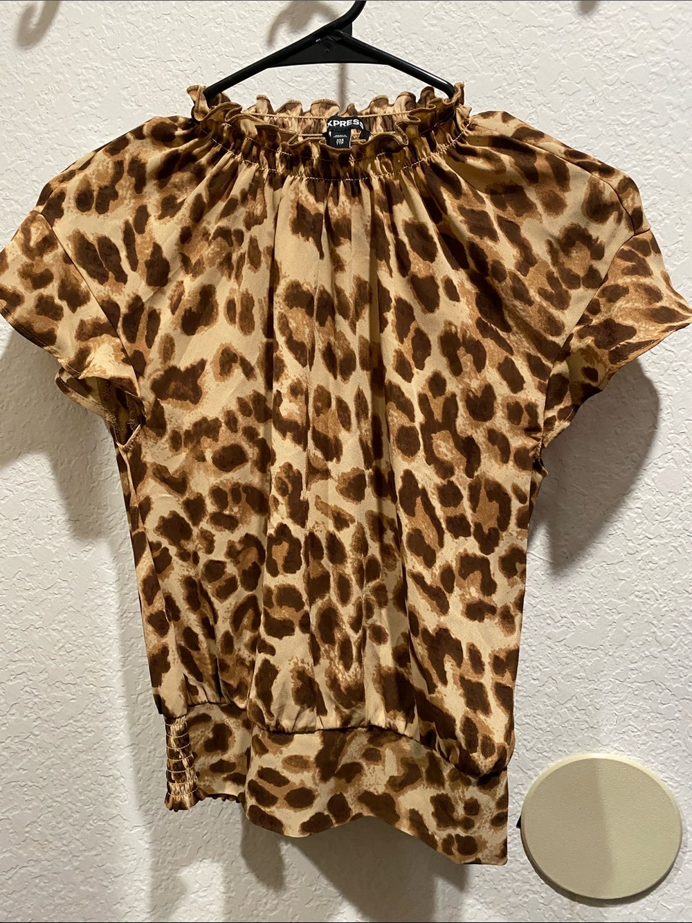 Express Leopard-Print Short Sleeve Blouse in Tan and Brown
